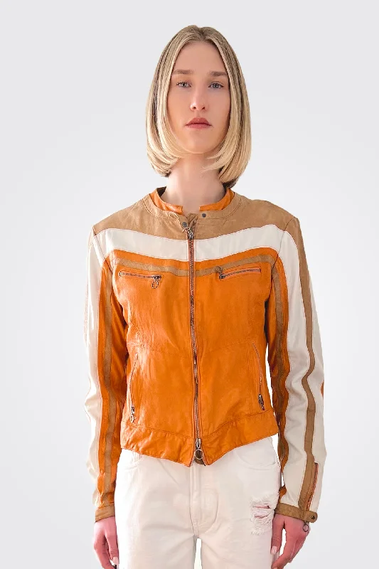 Women's Charming Outfit For Events Colorblock Leather Jacket - Amber Multi