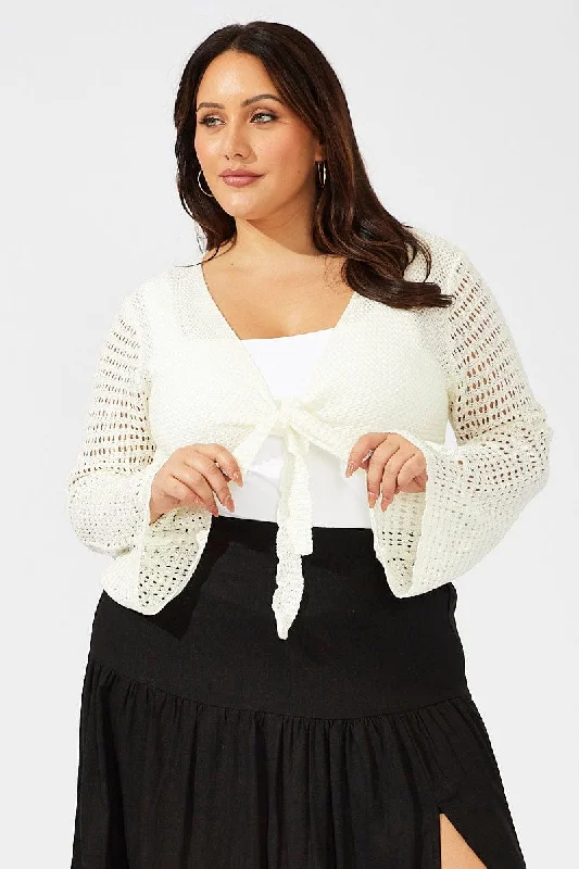 Bold Fashion White Crochet Cardigan Long Sleeve Tie Front Knit