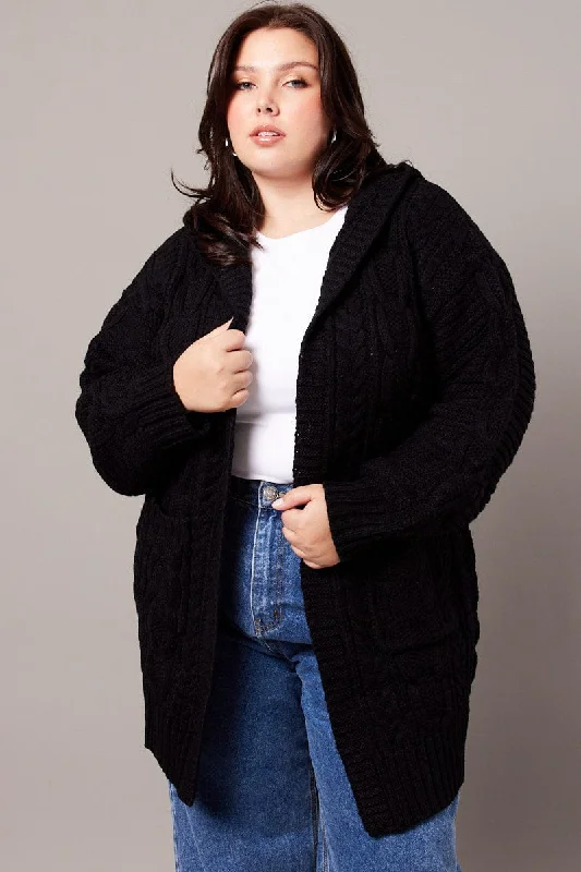 Casual Chic Black Longline Cardigan Long Sleeve Hooded Cable Knit