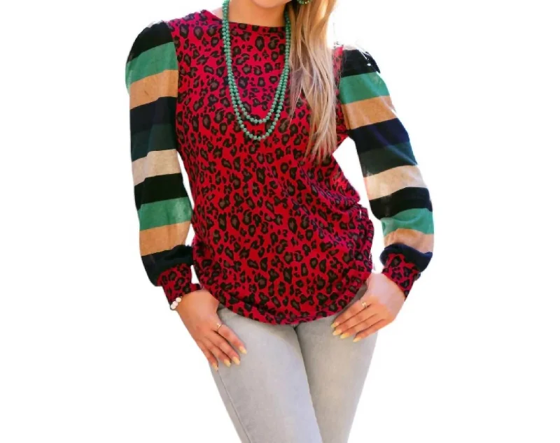 Chic Women's Attire Leopard Print Top In Red Multi