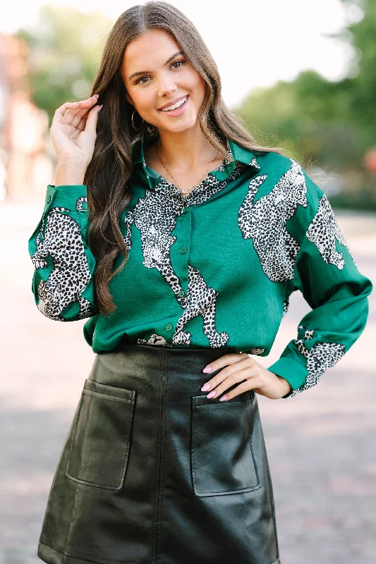 Women Fashion Queen Of The Jungle Kelly Green Leopard Blouse