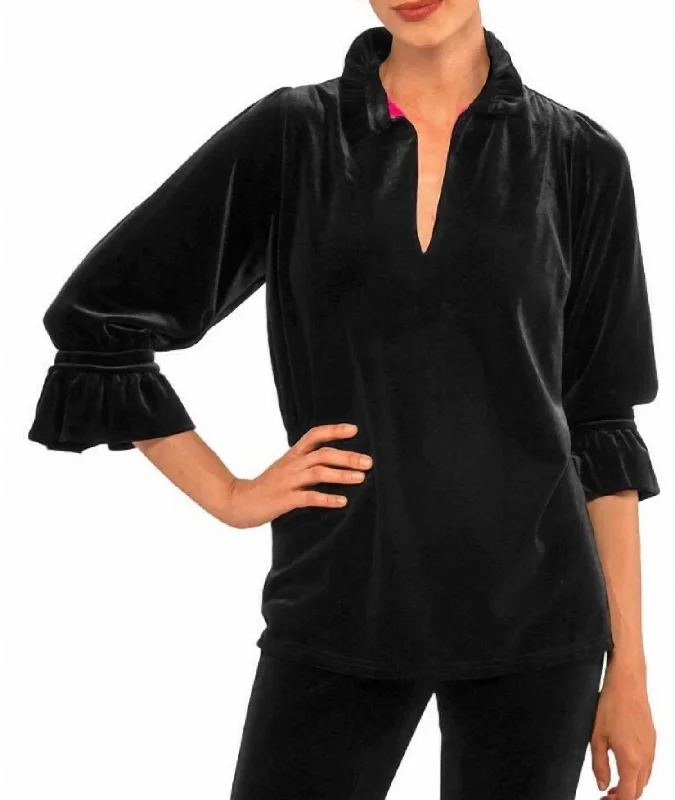 Chic Clothes For Women Ruffleneck Tunic In Velvet In Black