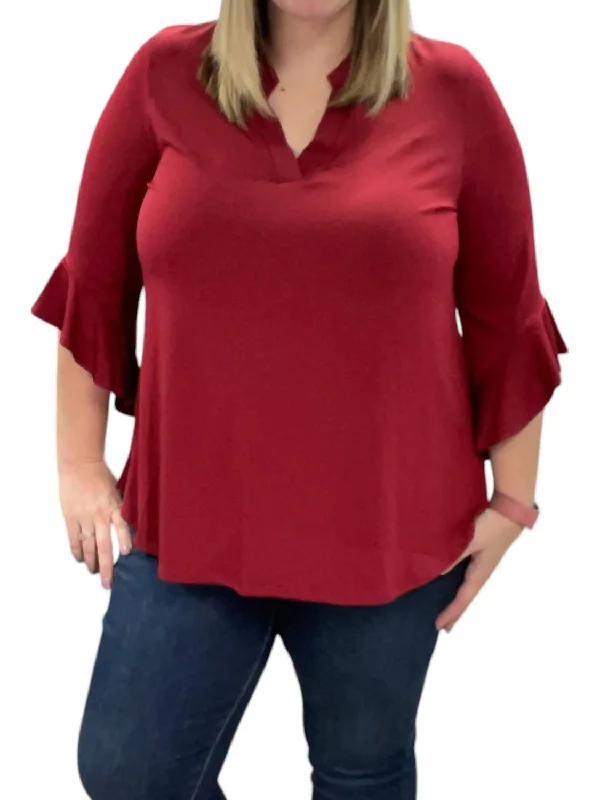 Sophisticated Women's Fashion Ruffle Sleeve Gabby Tunic Top In Burgundy