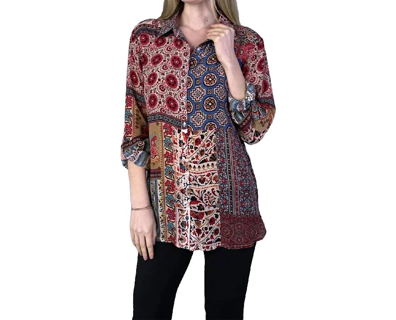 Clothing Sale Patchwork Print Button Up Tunic Top In Wine