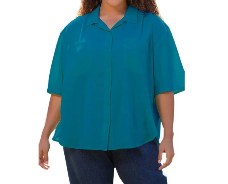 Flash Sales Today Cotton Short Sleeve Collar Shirt - Plus In Ocean Depths