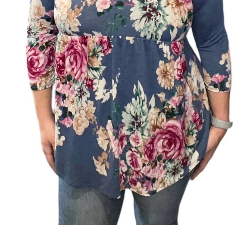 Elegant Women's Clothing Online Floral Gabby Babydoll Tunic Top In Denim