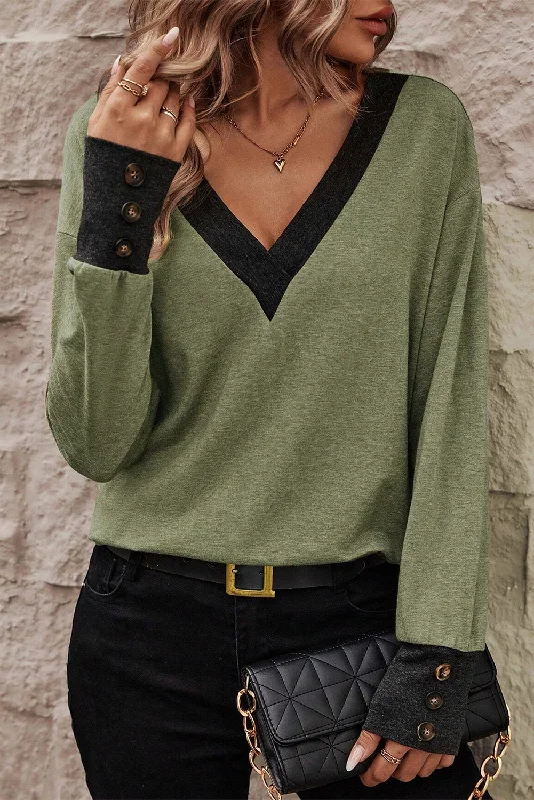 Clothing Sales V Neck Button Cuffed Long Sleeve Top