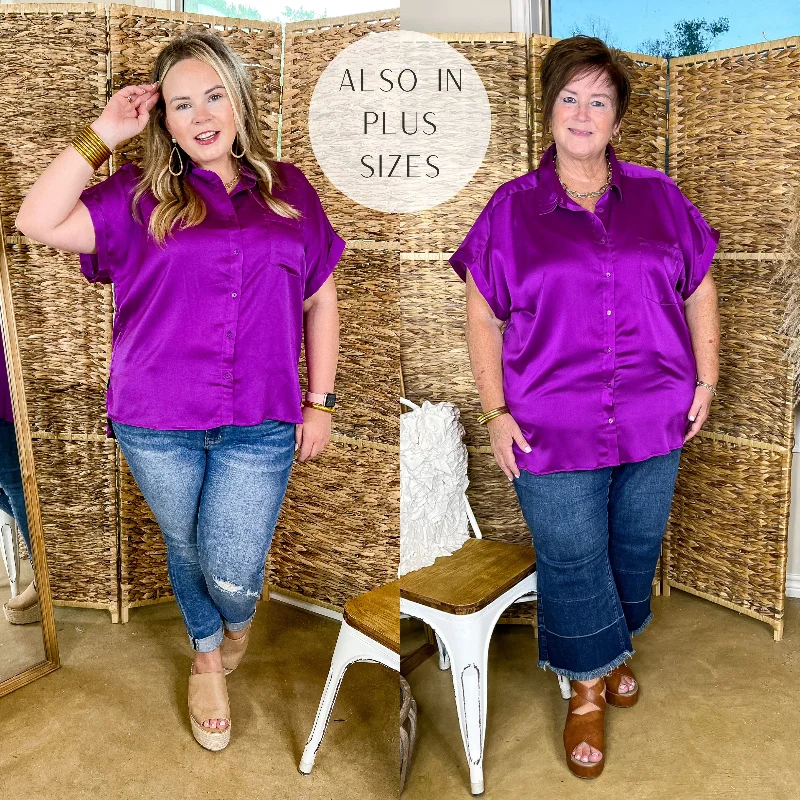 Stylish Women's Attire Free To Be Fab Button Up Short Sleeve Top in Purple