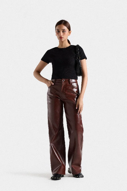 Women's Active Outfit For Fitness Faux Leather Wide Leg Pants