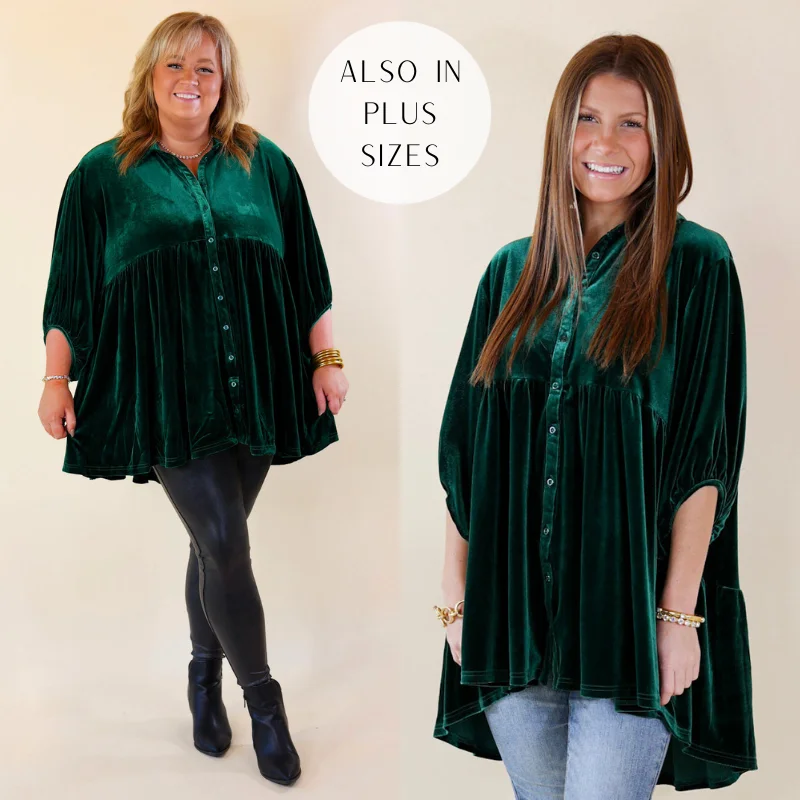 Trendy Women's Wear Love Link Button Up Velvet Half Sleeve Babydoll Tunic Top in Emerald Green