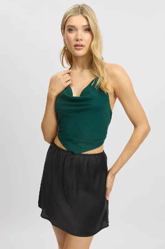 Vintage-Inspired Women's Apparel Green Cowl Neck Top Backless