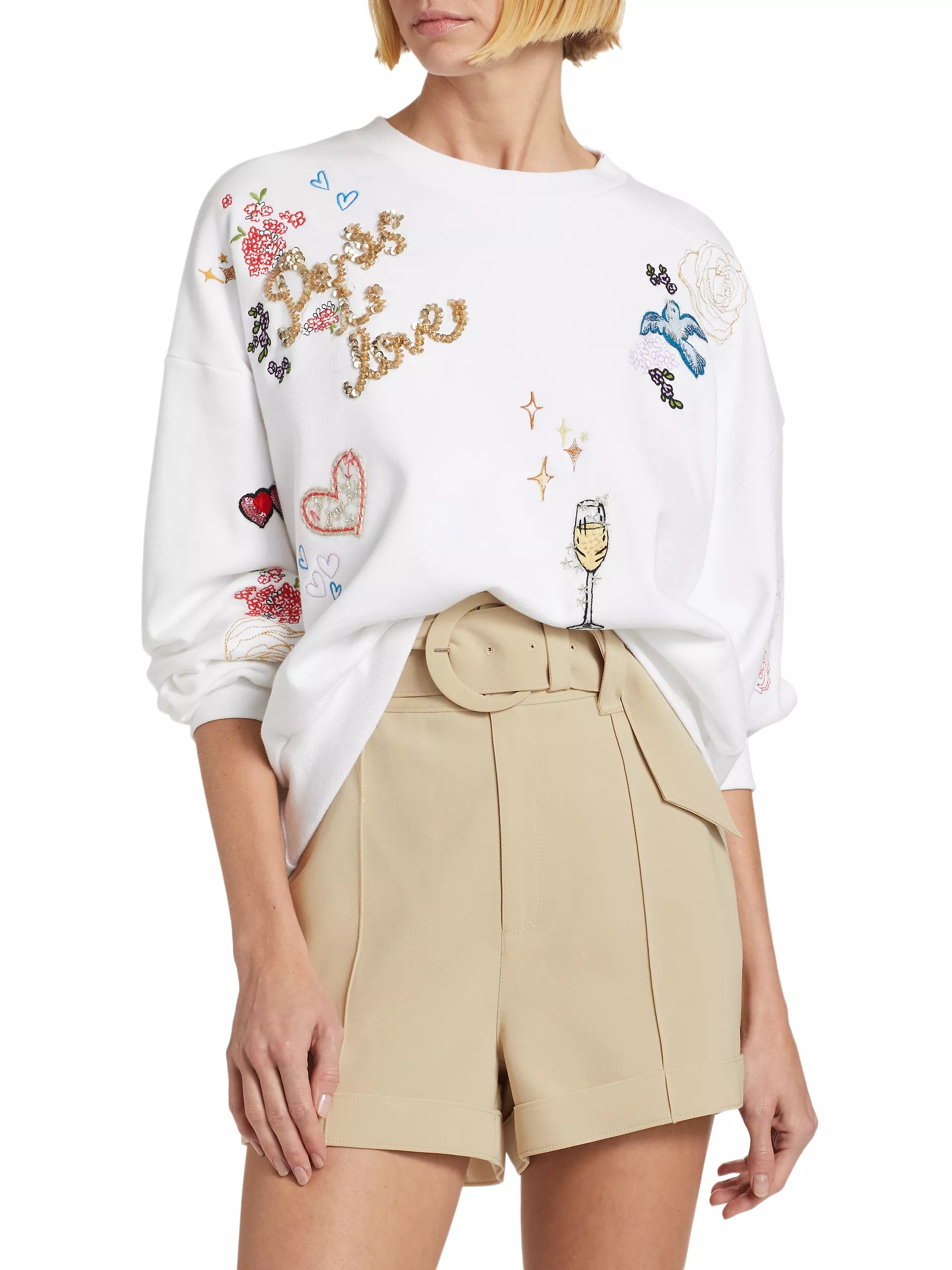 Casual Clothes For Women Brandy Daydream Doodles Embroidered Pullover - White Multi