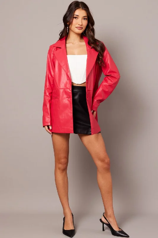 Women's Activewear Garments Red Jacket Faux Leather Collared