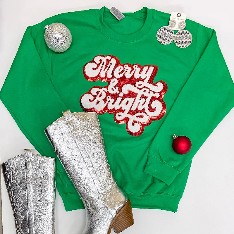 Comfortable Women's Apparel Merry & Bright Red Sequin Chenille Patch Graphic Sweatshirt in Green