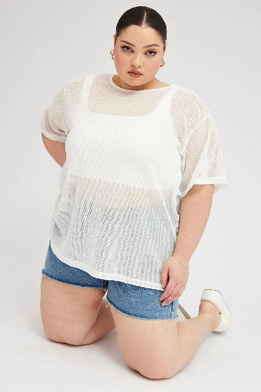 Flash Sales Today White Oversized Knit Top Short Sleeve Crew Neck