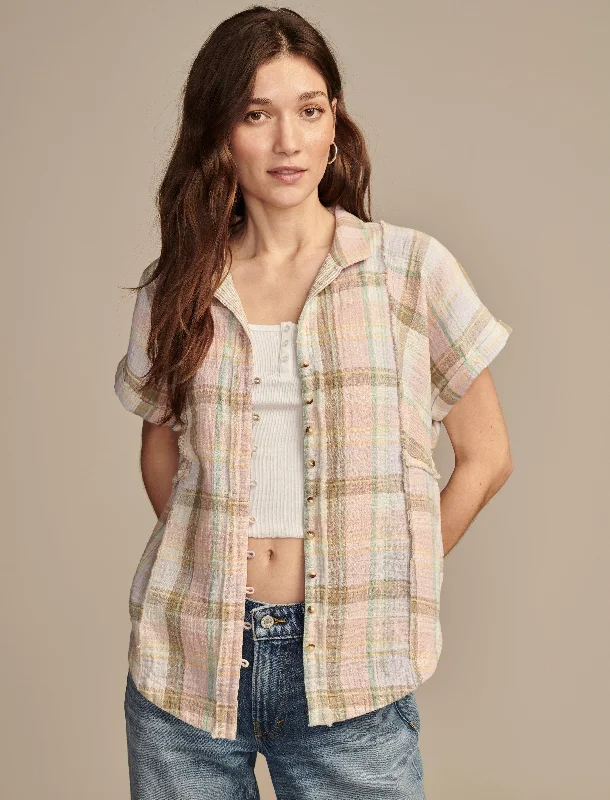 Trendy Boutique Online Lucky Brand Women's Plaid Short Sleeve Beach Shirt