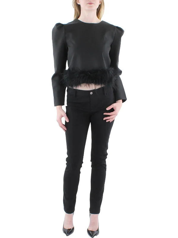 Sporty Streetwear Womens Feather Trim Long Sleeve Cropped