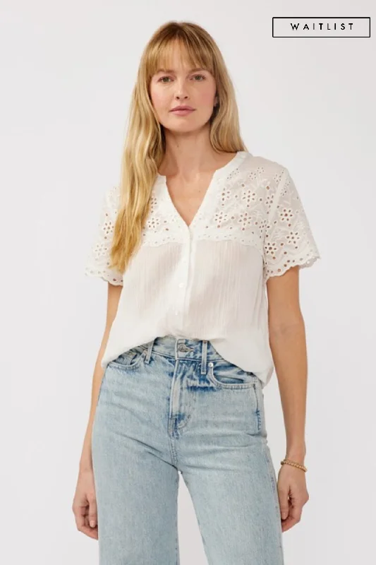 Women's Relaxed Outfit Waitlist 2/25 ♥ Shayla Short Sleeve Floral Eyelet Print Button Down Top White