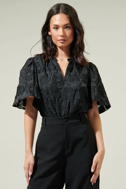 Trendy Boutiques Online Midnight Rose Split Neck Blouse