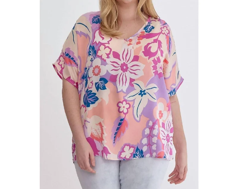 Comfortable Loungewear for Women Floral Satin V-Neck Short Sleeve Top - Plus In Orchid