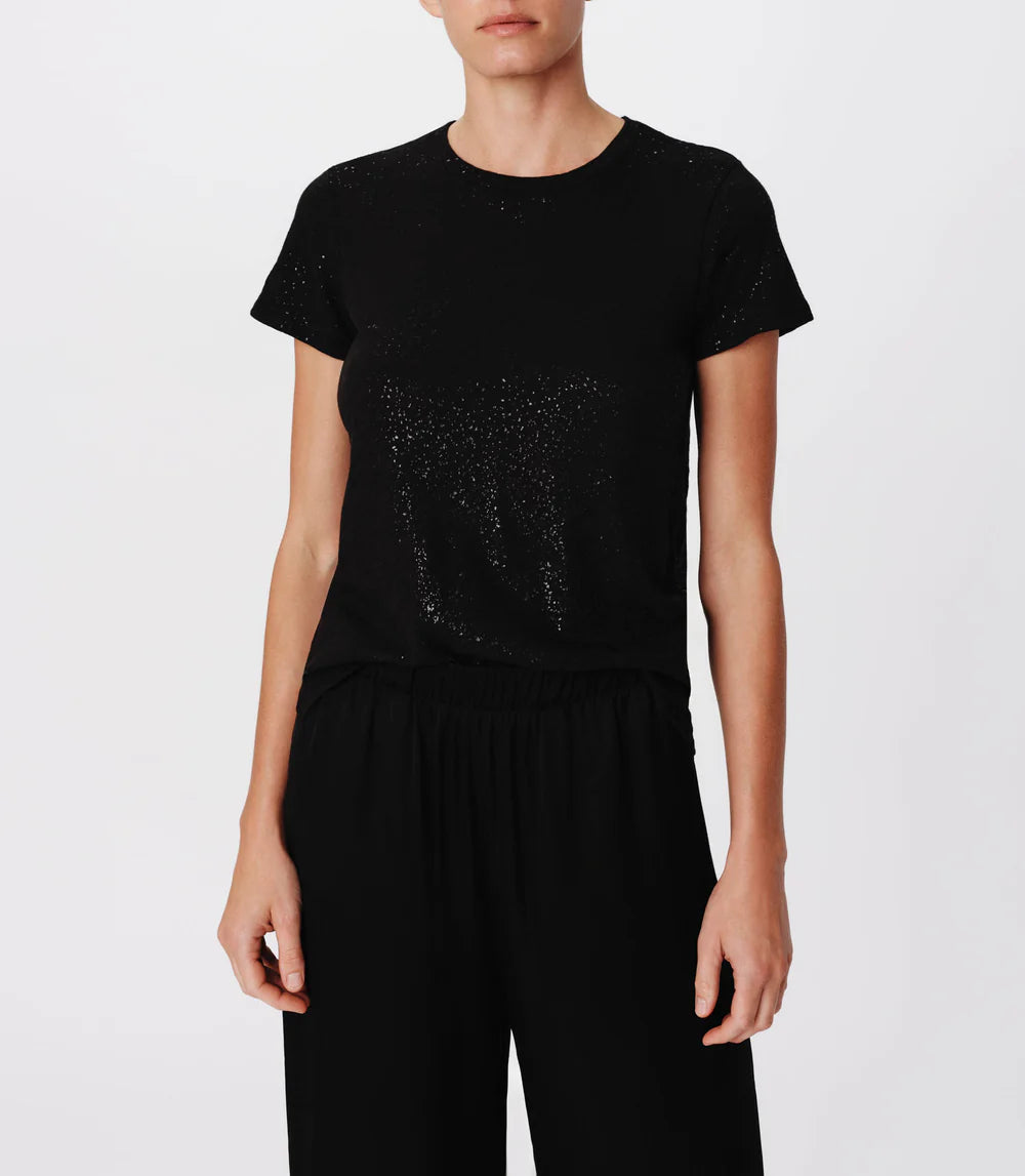 Women's Work Outfit For The Office Slub Jersey with Foil Schoolboy Short Sleeve Crew Neck Tee - Black Black