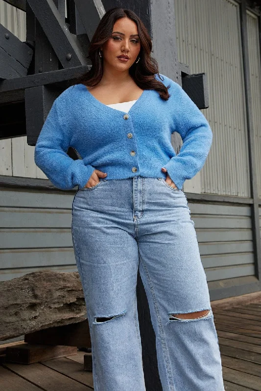 Casual Chic Clothing Blue Fluffy Knit Cardigan Long Sleeve V-neck