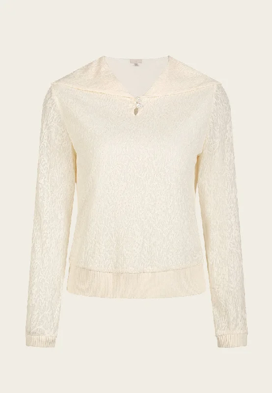 Best Clearance Sales Right Now White Wide Collar Jacquard Knit Long Sleeve Top