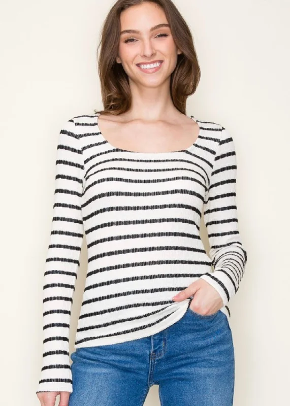 Women's Clothes for All-Day Comfort and Style Black Striped Textured Long Sleeve Top