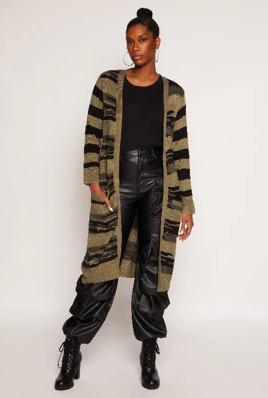 Trendy Women's Wear Camo Striped Long Cardigan