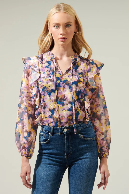 Sale On Clothing Remmy Floral Chessie Balloon Sleeve Ruffle Blouse