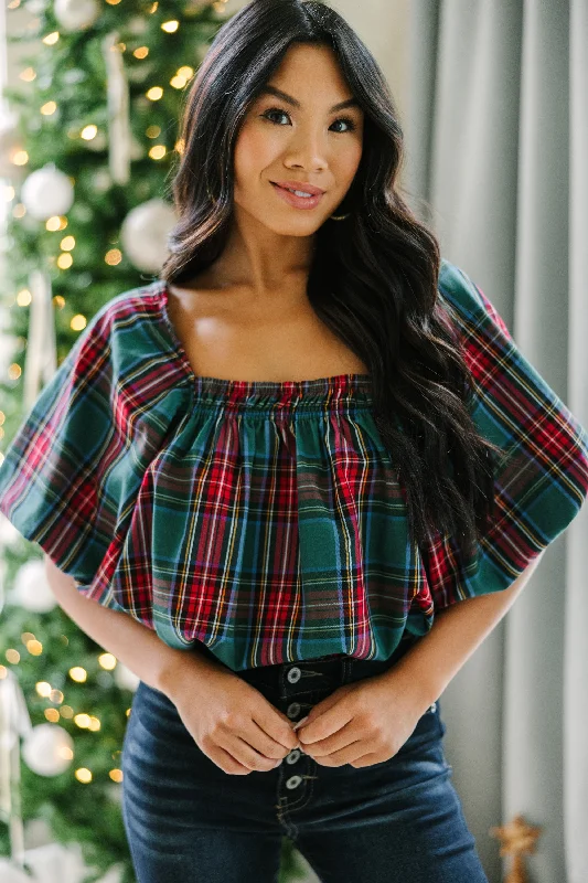 Workwear Fashion for Women In Your Heart Emerald Green Tartan Plaid Blouse