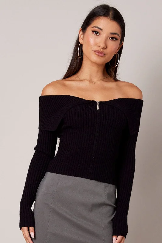 Early Bird Offer Black Off Shoulder Knit Top Long Sleeve