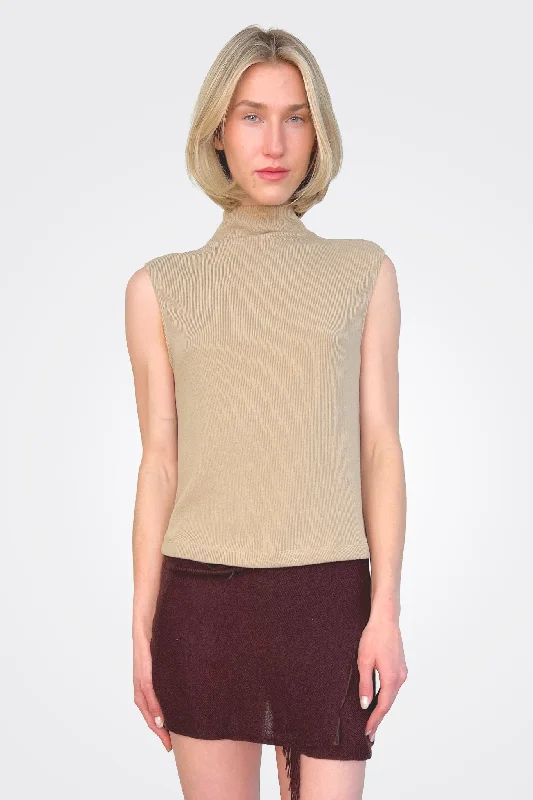 Flash Sales Today Sleeveless Knit Turtleneck Top - Khaki