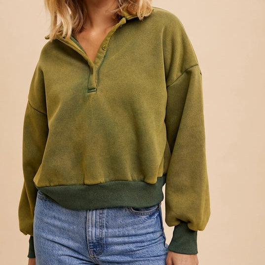 Timeless Women's Garments Women's Quarter Button Collared Solid Cropped Sweatshirt in Forest Green