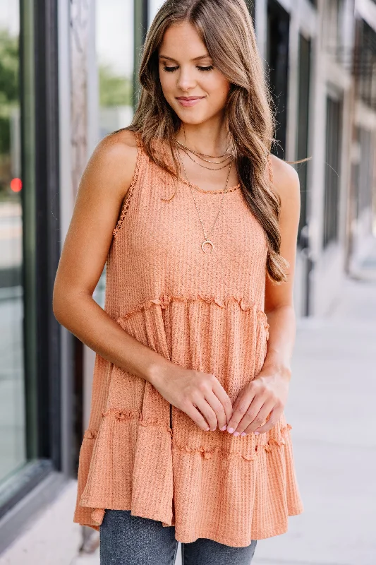 Women's Vacation Attire Know It All Rust Orange Waffle Tank