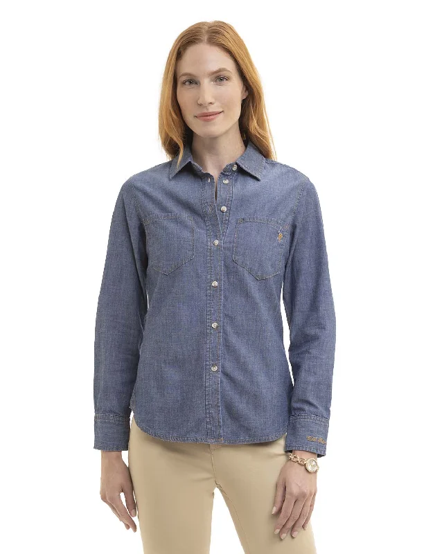 Women's Urban Fashion LONG SLEEVE CHAMBRAY SHIRT WITH POCKETS