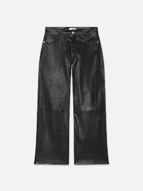 Women's Vacation Outfit Slim Palazzo Crop Leather Trouser -- Black