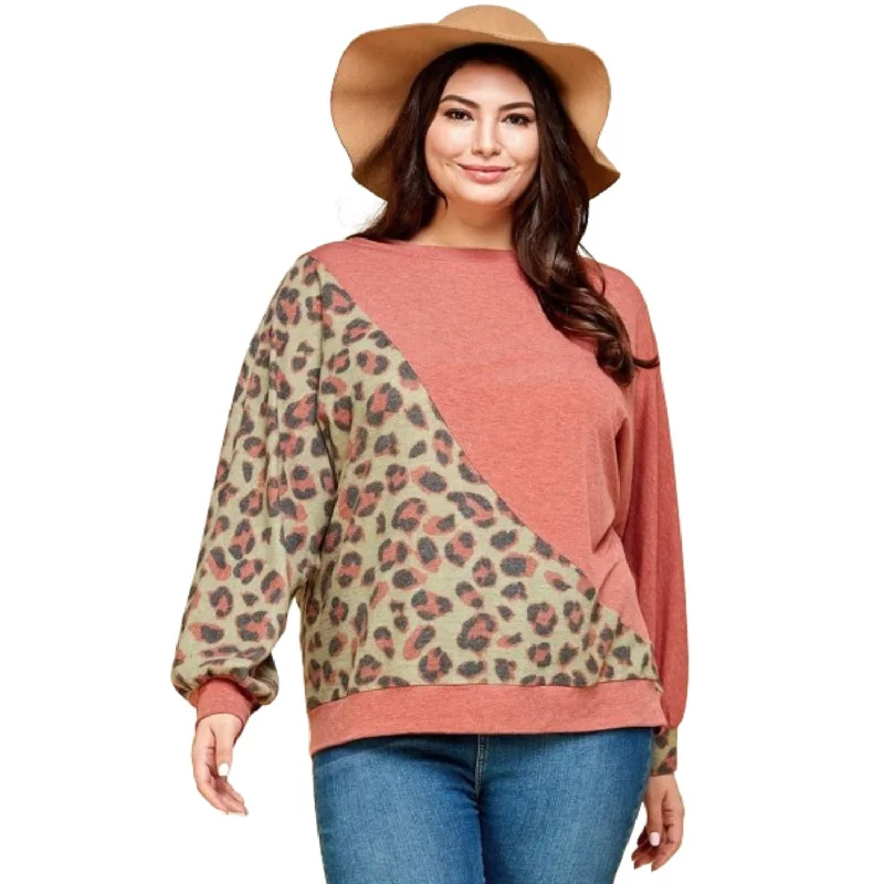 Women's Charming Outfit For Events Plus Size Cute Animal French Terry Brush Contrast Print Pullover